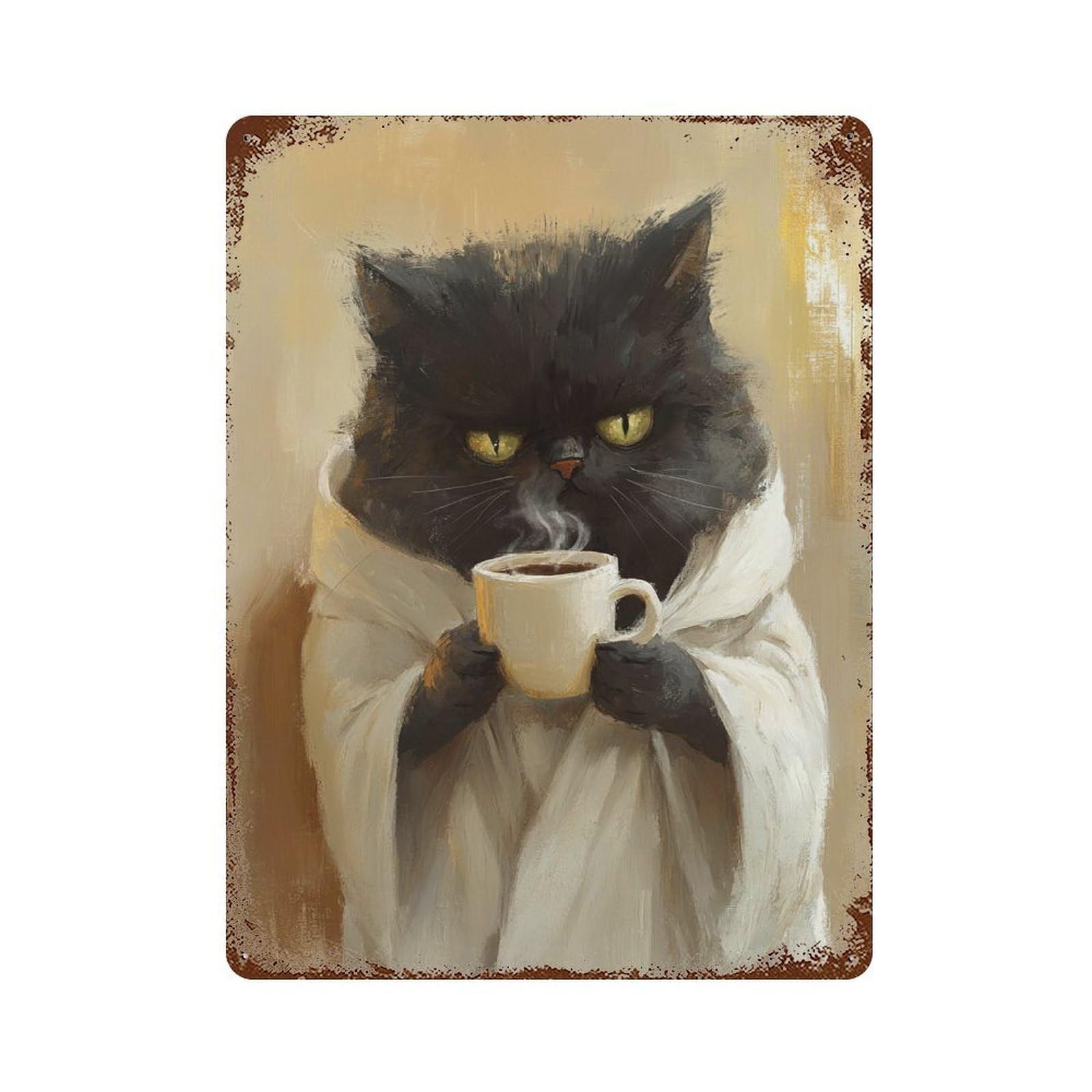 Grumpy Cat with Coffee Mug Retro Metal Sign 15.7"x11.8", Decorative Metal Wall Art for Garage, Bar And Workshop Decor