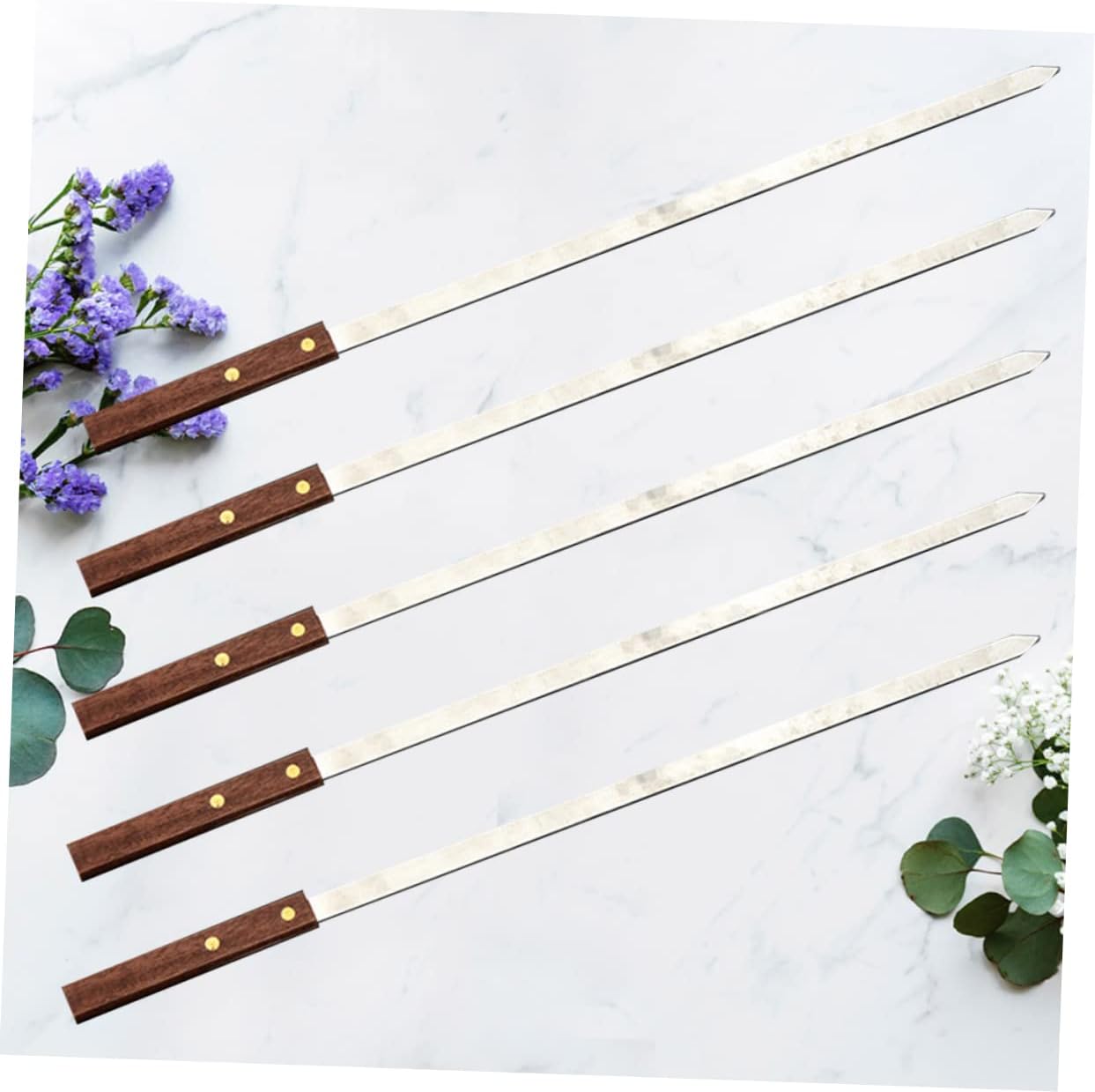 5pcs Stainless Steel Bbq Skewers Flat Meat Skewers Wooden Handle Kebab Sticks for Grilling Reusable Bbq Fork Rustless