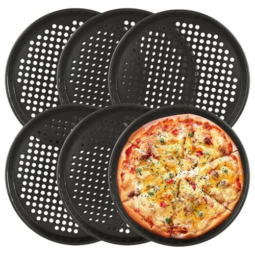 GBACHOOSE 6 Pack Pizza Tray, 12 inch Non Stick Pizza Trays with Holes, Carbon Steel Pizza Pan, Round Pizza Oven Tray for Home Kitchen Oven Baking, Black