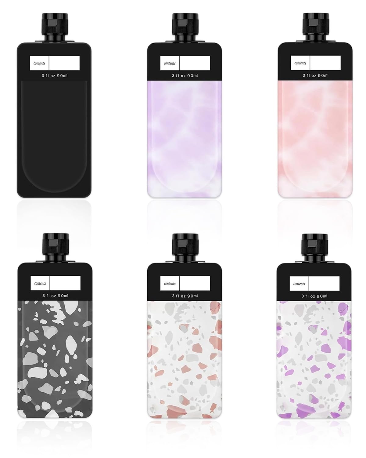 Flaconi da Viaggio Set 6 Pezzi, A Prova di Perdite, Riutilizzabili in Plastica per Shampoo, Lozione, Cosmetici. Ideali per Bagaglio a Mano Aereo (Rosa, Viola, Nero).