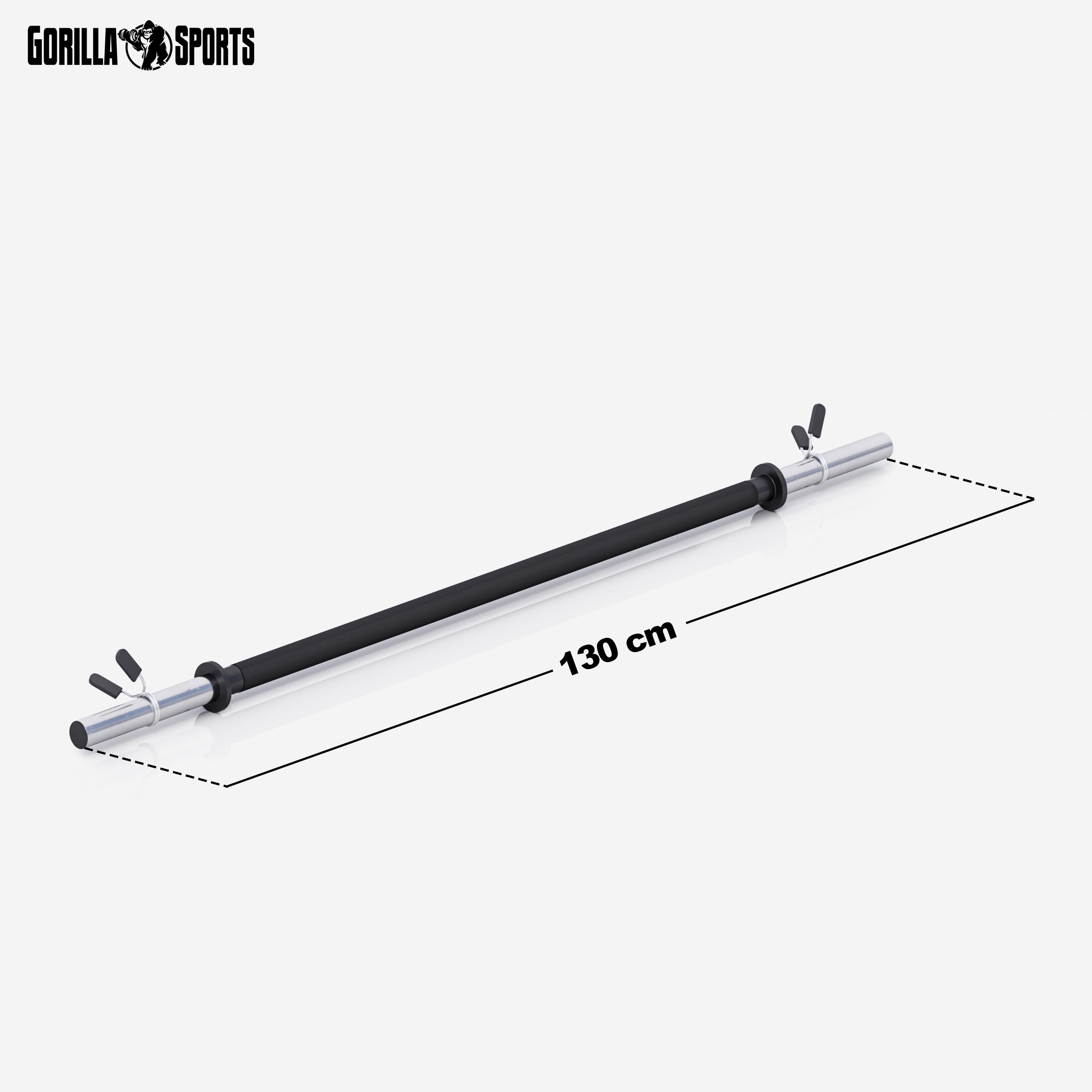 GORILLA SPORTS® Bilanciere - Aerobico, 130 cm, Diametro 30 mm, per Dischi Standard, 2 Chiusure a Molla, Max. 100 kg, Impugnatura Gommata, Cromato, Nero - Barra per Aerobica, Sbarra, Sollevamento Pesi