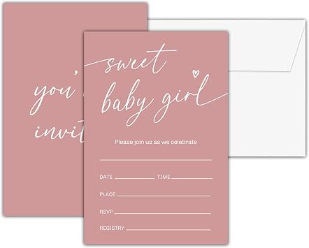 Baby Shower Invitations With Envelopes, Sweet Baby Girl Gender Neutral Invitation, Double-Sided Blush Pink Fill In Invites, Gender Reveal Party Decorations, 25 Cards With 25 EnvelopesA07