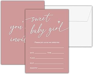 Baby Shower Invitations With Envelopes, Sweet Baby Girl Gender Neutral Invitation, Double-Sided Blush Pink Fill In Invites, Gender Reveal Party Decorations, 25 Cards With 25 Envelopes(A07)