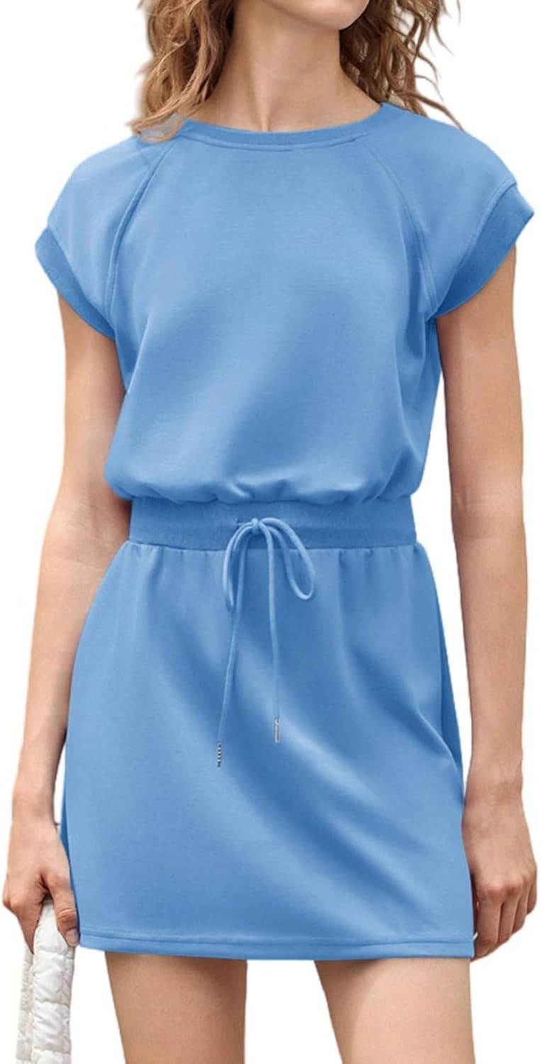 Fisoew Womens Summer Athletic Dress Drawstring Cap Sleeve Crewneck Casual Active Tennis Dresses