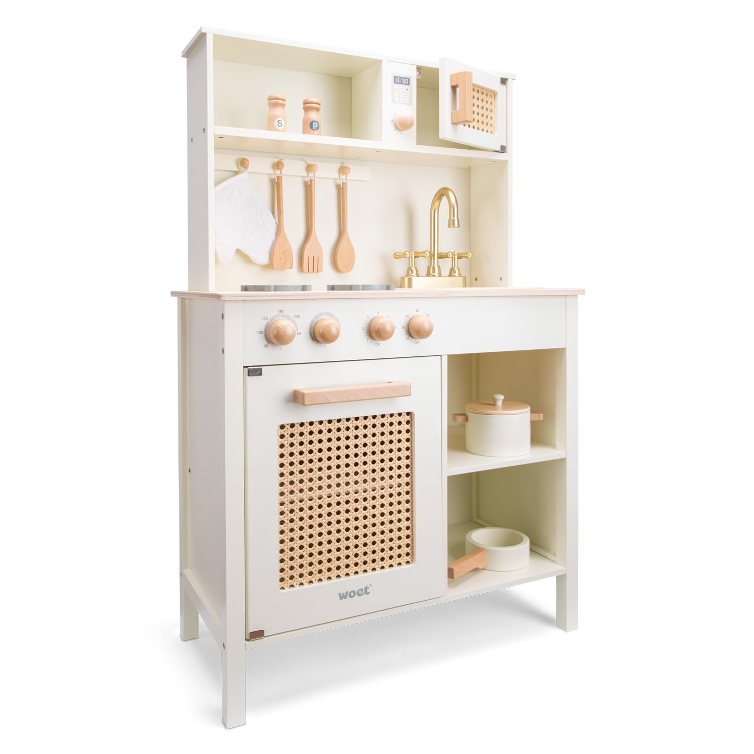 Woet Holzspielzeug Spielküche für Kinder Off-White mit Küchenzubehör Rattan-Details ab 3 Jahren