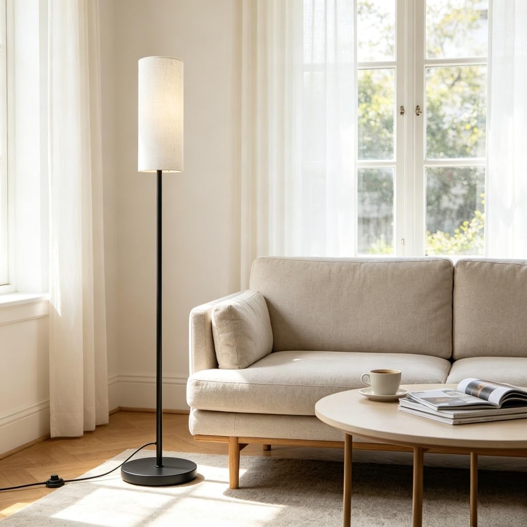 Moderne Stehlampe E27 Schwarz mit Stoffschirm Weiß | Fußschalter, Für Wohnzimmer, Schlafzimmer, Arbeitszimmer, Für Schülerzimmer