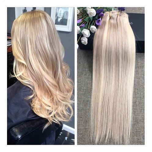 Full Shine 18" 9 Pieces Color #18 and #613 Blonde Thick Clip in Remy Hair Extensions Blonde Highlight Striped Straight Hair Clip in Extensions Best Human Hair Extensions for Thin and Short Hair