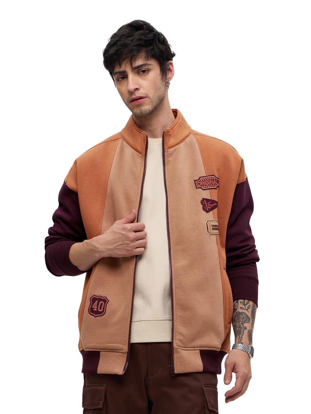 the souled store Ticket To Nowhere Men and Boys Long Sleeves Stand Collar Zipper Front Brown Cotton Blend Oversized Racer Jackets-picture-17