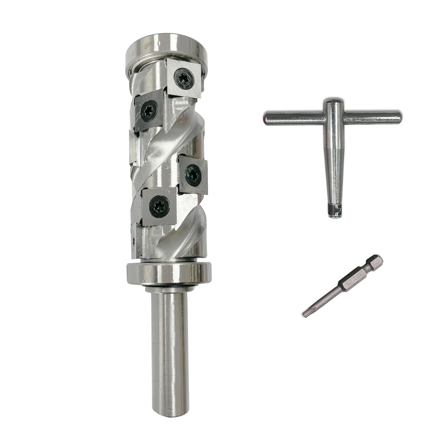 Heavy Duty 1/2" Shank Flush Trim Router Bit with Top & Bottom Double Bearings,10PCS Replaceable Carbide Inserts,65mm Cutting Length,24MM Cutting Diameter for Woodworking Trimming