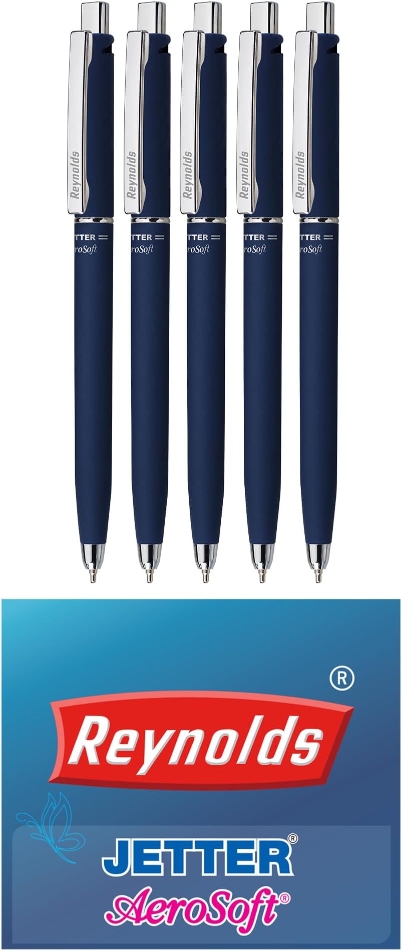 Reynolds JETTER AEROSOFT Ball Pen SET - 5 PENS BLUE | MULTI BODY COLOR BALL PEN WITH COMFORTABLE GRIP |BLUE BALL PENS FOR WRITING | PEN FOR PROFESSIONALS | 0.7 mm TIP SIZE