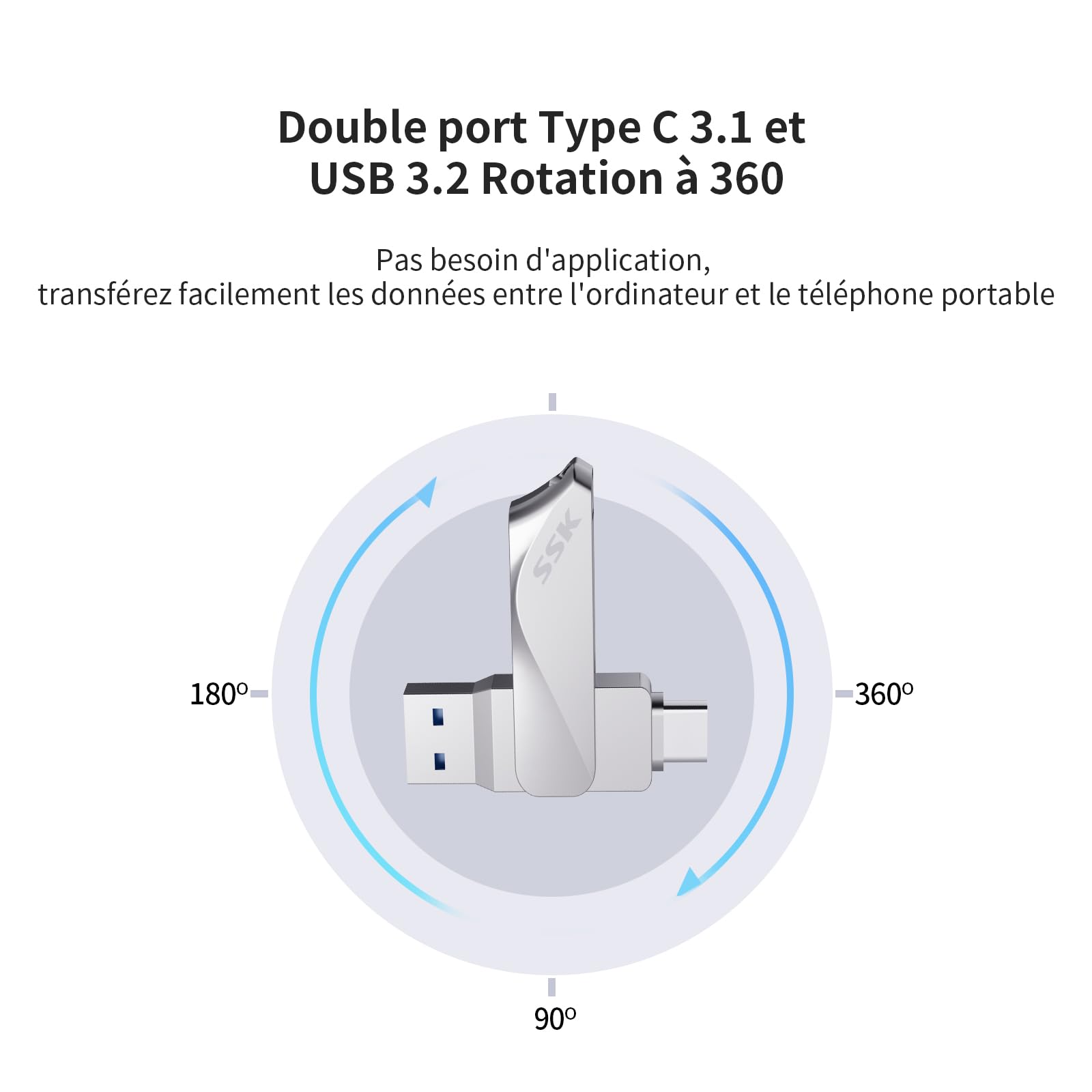 SSK 256Go USB C Flash Drive Dual Drive 2 en 1 OTG USB 3.2 + Clé USB Type C Memory Stick Thumb Drive, Thunderbolt Pen Drive up to 200Mo/s Transfer Photo Stick pour Android PC/Tablettes/Mac/Laptop