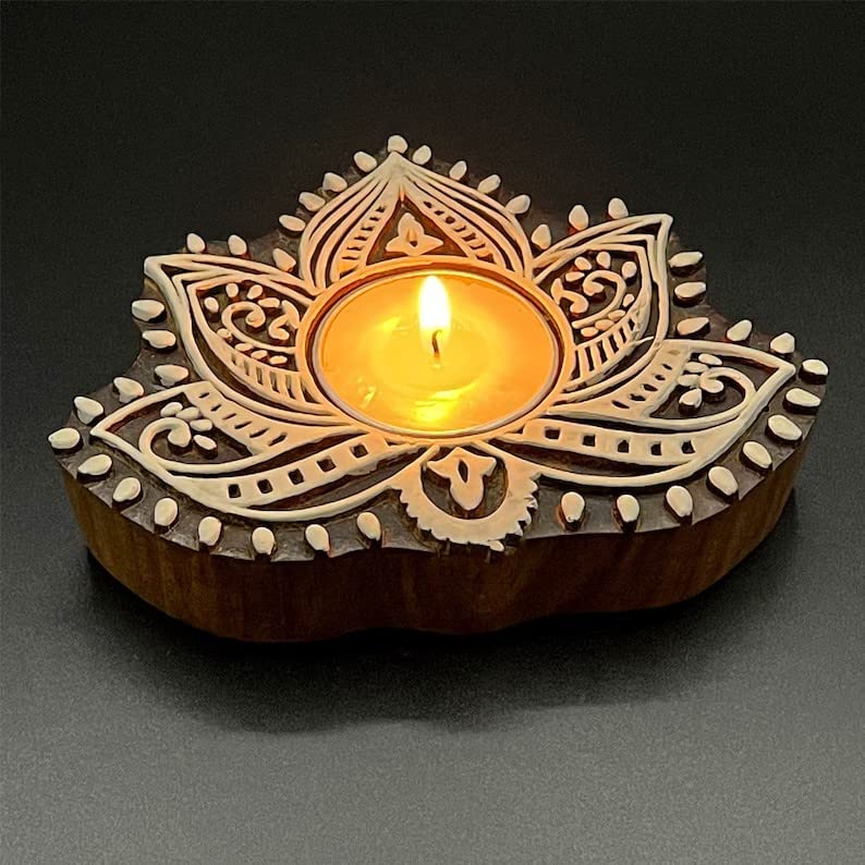 Devik Organics Wooden Tealight Candle Holder - Divine Lotus | Handcarved on Wooden Block | Heritage Art by devik's artisans | Pack of 1