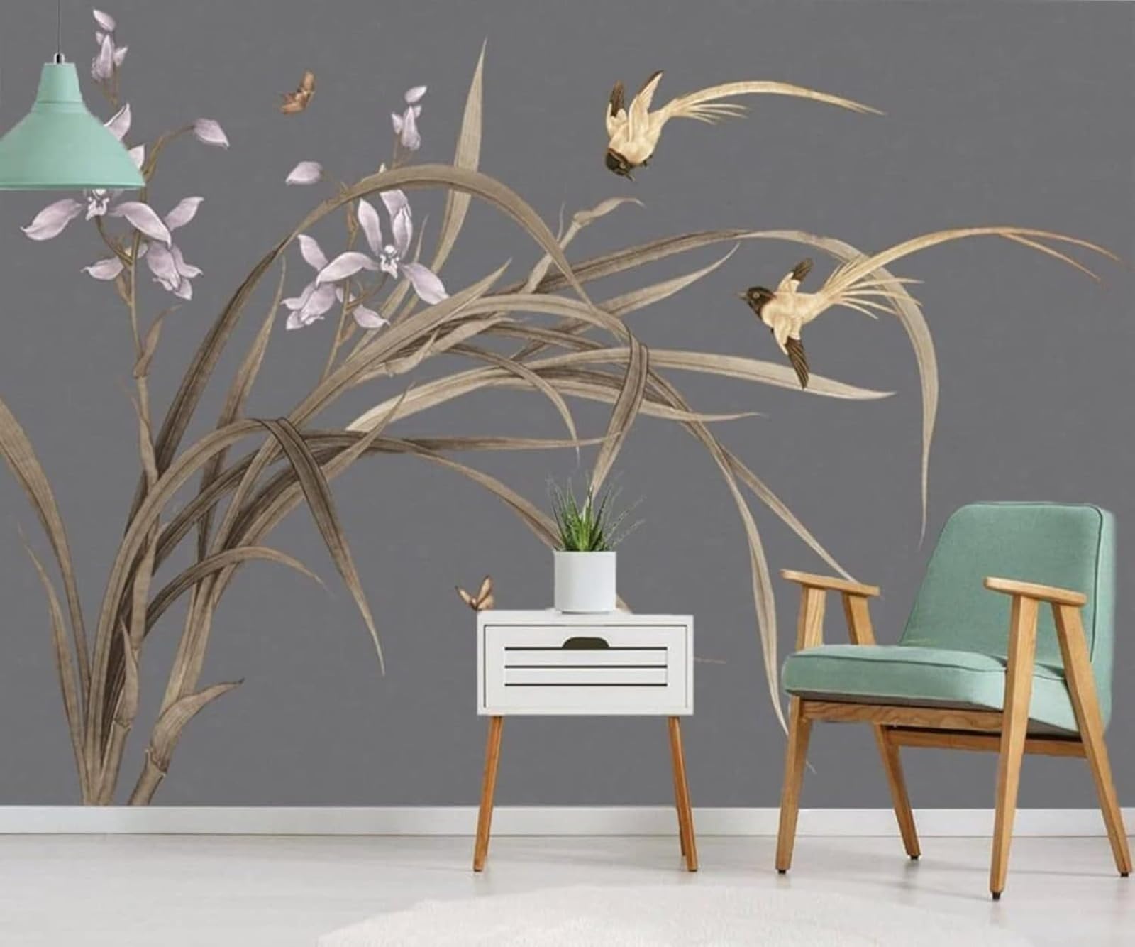 Plantes feuilles oiseau fresque 3D géante 430x300 cm art fond mural créatif
