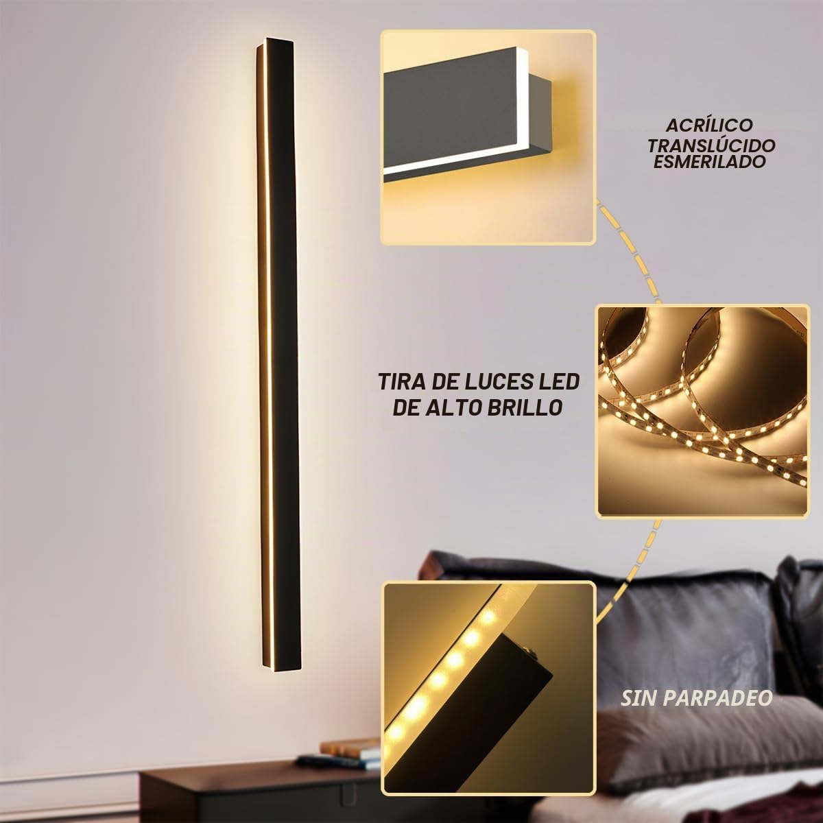 Aplique Pared Interior Regulable,60CM/22W Lampara LED Moderna | con Control Remoto Regulable 10%-100%,3000K-6000K, para Sala de Estar Pasillo Escaleras Dormitorio,Negro 110-240V