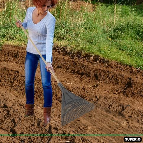 Miniatura 8 de Superio Rastrillo para adultos con mango de madera dura, cabeza de plástico duradero para barrer hojas en el césped y ordenar el jardín, 61 pulgadas