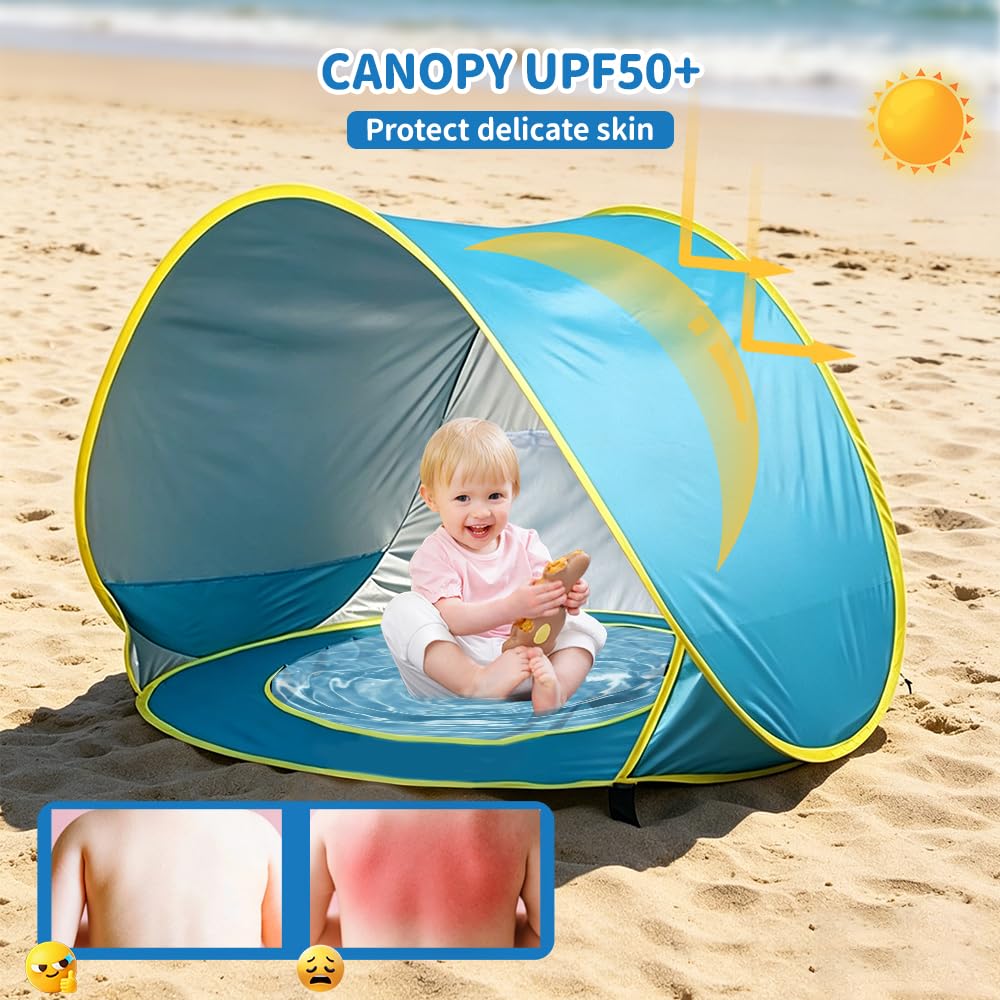 Tenda da Spiaggia Bambini, Tenda Spiaggia con Protezione UV 50, Parasole da Spiaggia con Mini-Piscina, Borsa per il Trasporto e Picchetti, Finestra con Cerniera