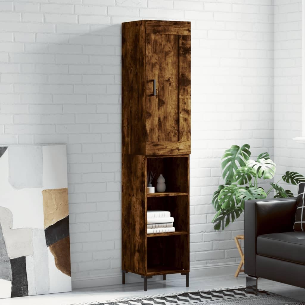 Aparador de madera de roble ahumado 34,5 x 34 x 180 cm, patas de metal, aparador moderno con espacio de almacenamiento para salón, pasillo y dormitorio