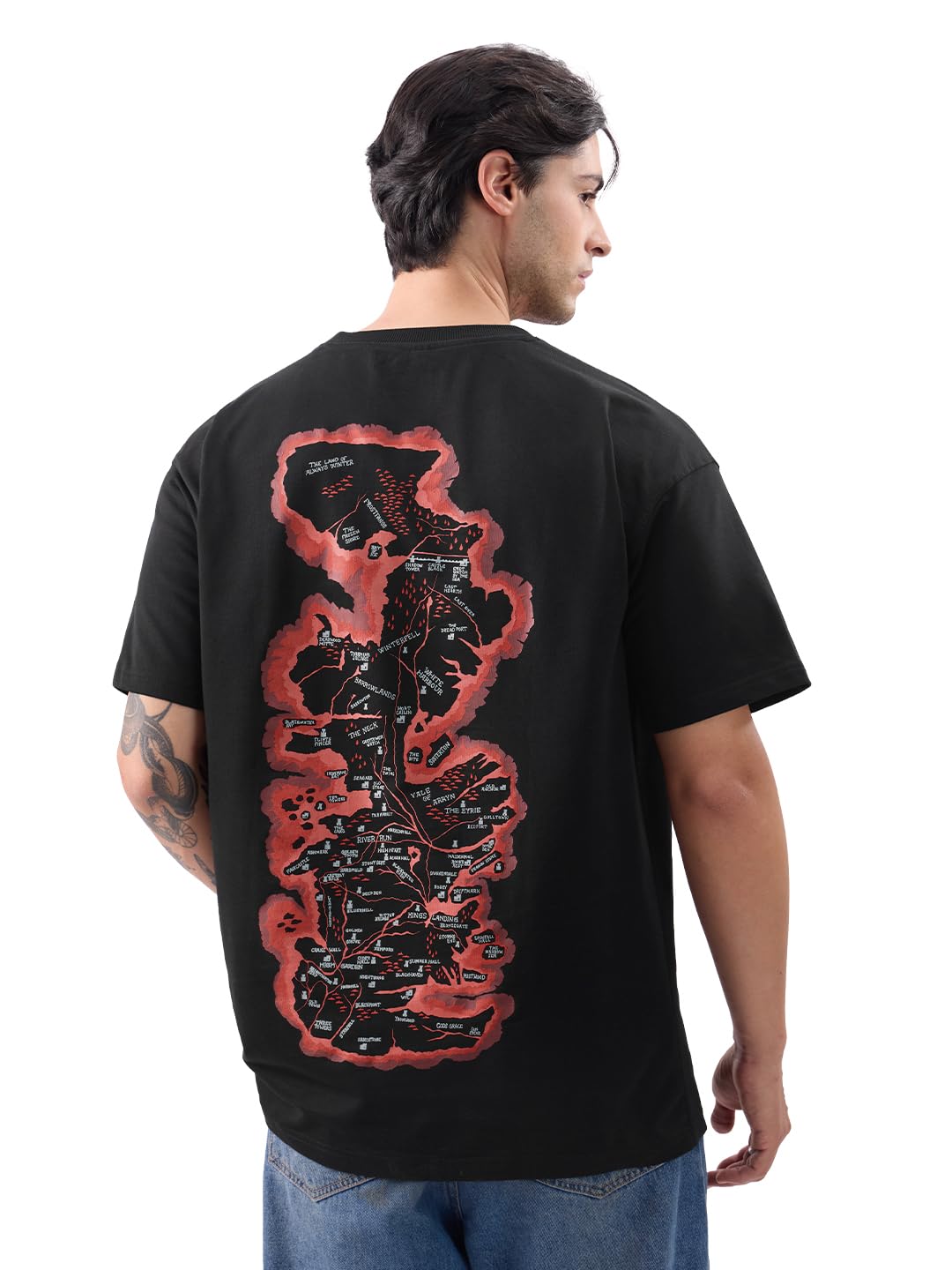 The Souled StoreOfficial House of Dragon: Kingdom Map Men and Boys Short Sleeves Round Neck Black Graphic Printed Cotton Oversized T-Shirts