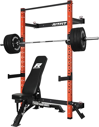 Miniatura 15 de RitFit 2.36'' x 2.36'' Folding Squat Rack for Home Gym, Wall Mounted Squat Rack with Attachments - Space Saving Squat Power Rack Negro