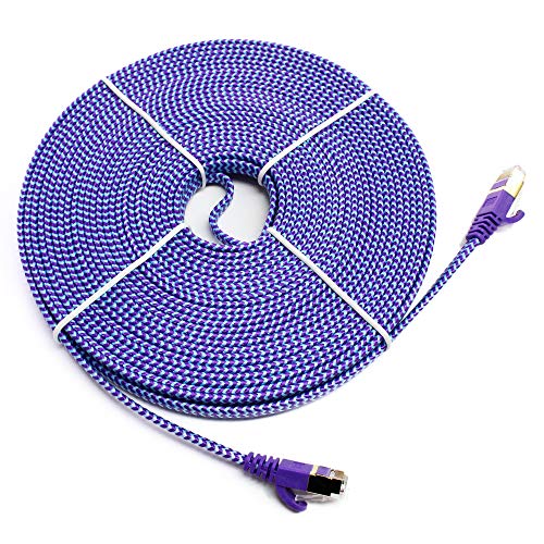 Tera Grand - 50Ft - Cat7 10 Gigabit Ethernet Ultra Flat Patch Cable For Modem Router Lan Network - Braided Jacket, Gold Plated Shielded Rj45 Connectors, Faster Than Cat6A Cat6 Cat5E, Purple & Blue #TOP2