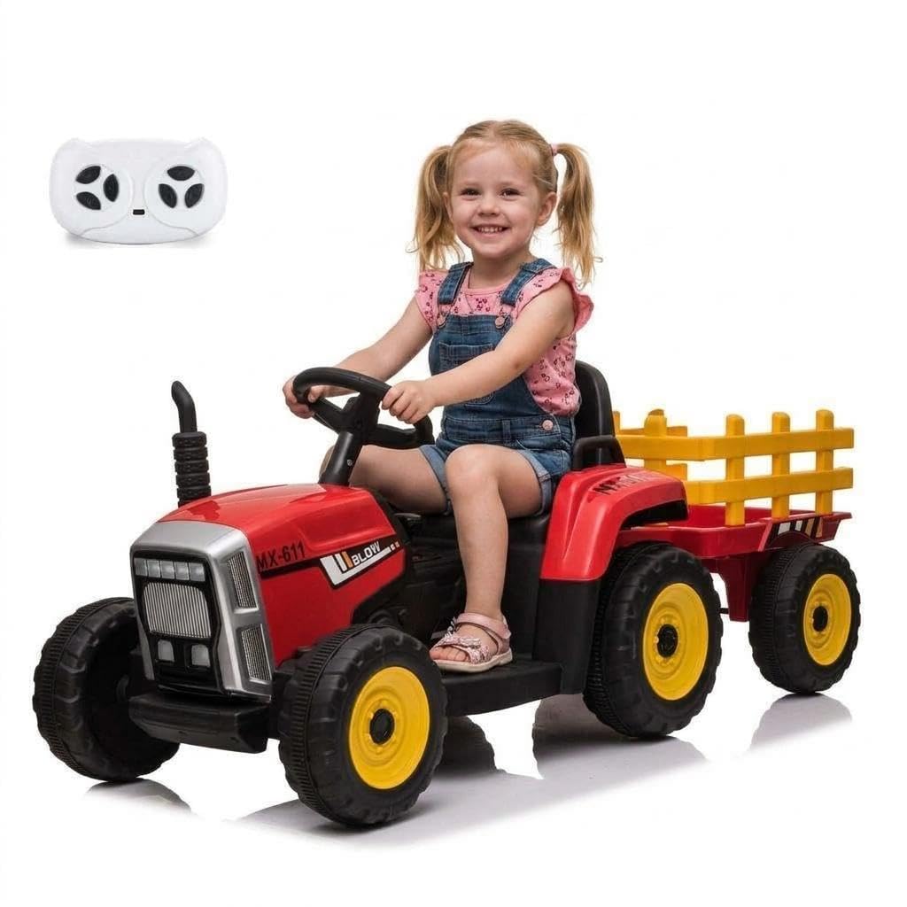Elektrischer Traktor, mehrfarbig, Rot, Grün, Blau, 12 V, 4,5 Ah, Doppelmotor, 25 W, Traktor mit Fernbedienung, mit abnehmbarem Anhänger, LED-Licht und Musik, geeignet für Kinder von 3 – 8