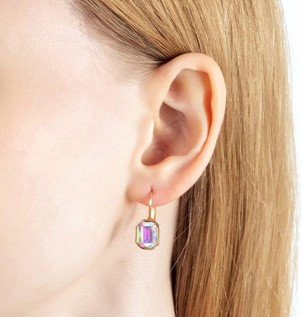 Austrian Crystal Octagon Leverback Drop Earrings for Women 14K Rose Gold Plated Hypoallergenic Jewelry - Image 2