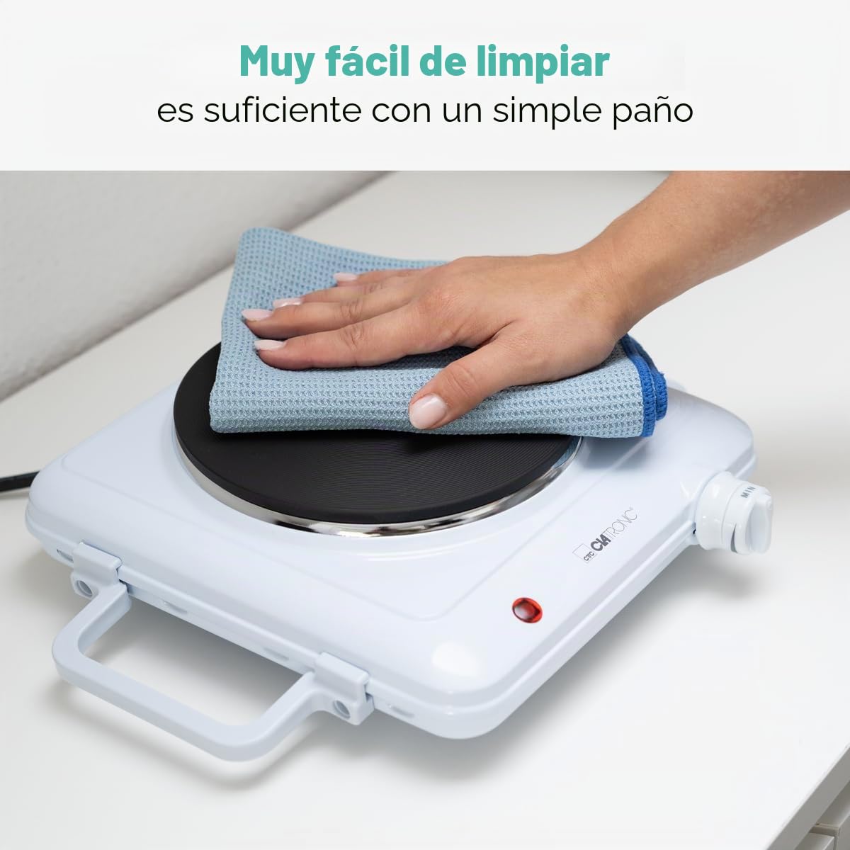 Placa de cocción individual Clatronic DKP 3582, 1500W, ideal para camping, cocina u oficina, placa de cocción grande Ø 18 cm, termostato regulable sin escalonamientos, indicador luminoso, blanco