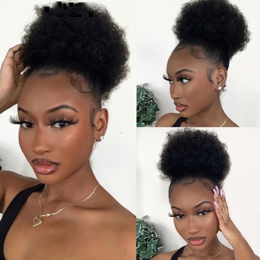 sztuczne włosy kok Afro Puff Bun Hair Piece 4 6 8 cali Kinky Curly Human Hair Drawstring Ponytail Hair Extensions Akcesoria do włosów(6Inches)