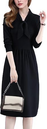 Womens Bow Neck Long Sleeve Sweater Dress Casual Ribbed Knit A Line Midi Dresses