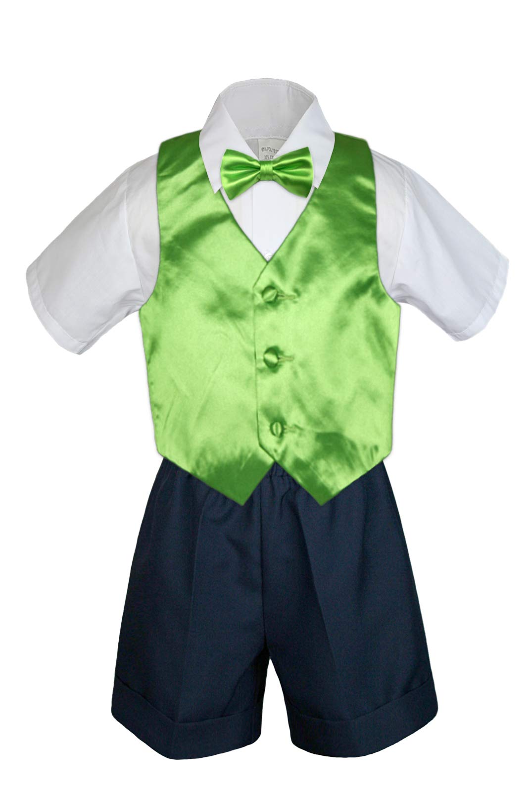 MILLTEX 4 Pieces Set Formal Party Wedding Color Satin Vest & Bow tie Shirt Navy Shorts Set New Born Baby Boy Toddler Sm-4T (Sm (0-6 Months Old), Lime)