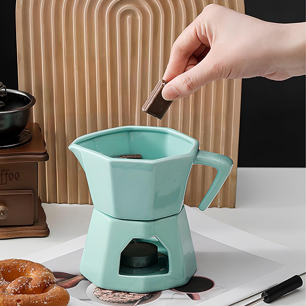 Fonduta Cioccolato, Pentola per Fonduta di Cioccolato al Burro in Ceramica, Set Casa con Candela da tè 300 ml con 1 Forchette per Formaggio, Verde (Verde)