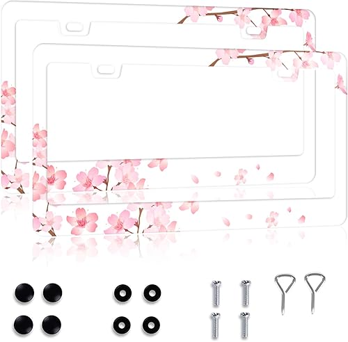 Marco de matrícula de flor de cerezo para mujer, paquete de 2 fundas de matrícula de acero inoxidable a prueba de óxido, accesorios florales para