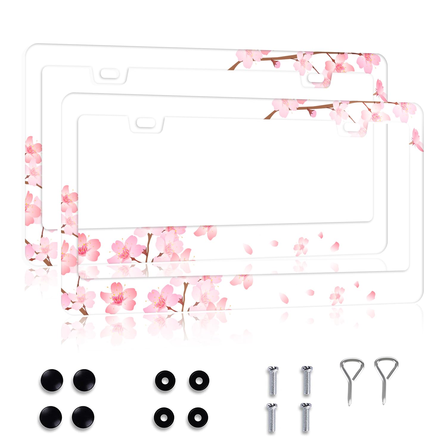 Cherry Blossom License Plate Frame for Women 2 Pack Cute Flower License Plate Cover Stainless Steel Rust-Proof Floral Car Accessories Size 12.2 x 6.3