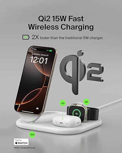Miniatura 2 de Belkin Cargador de iPhone 3 en 1 compatible con MagSafe, plegable magnético Qi2, estación de carga MagSafe para teléfono, Apple Watch, AirPods,