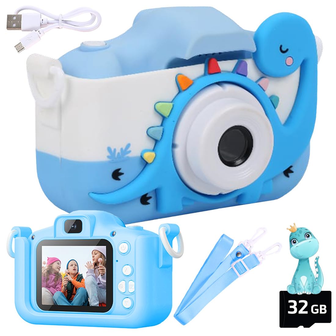 Wembley Dinosaur Kids Camera Toys 3-8 Years Old Boys Girl Gift 32GB SD Card 1080P HD Video Adorable Selfie Digital Toddler Camera for Kids Birthday