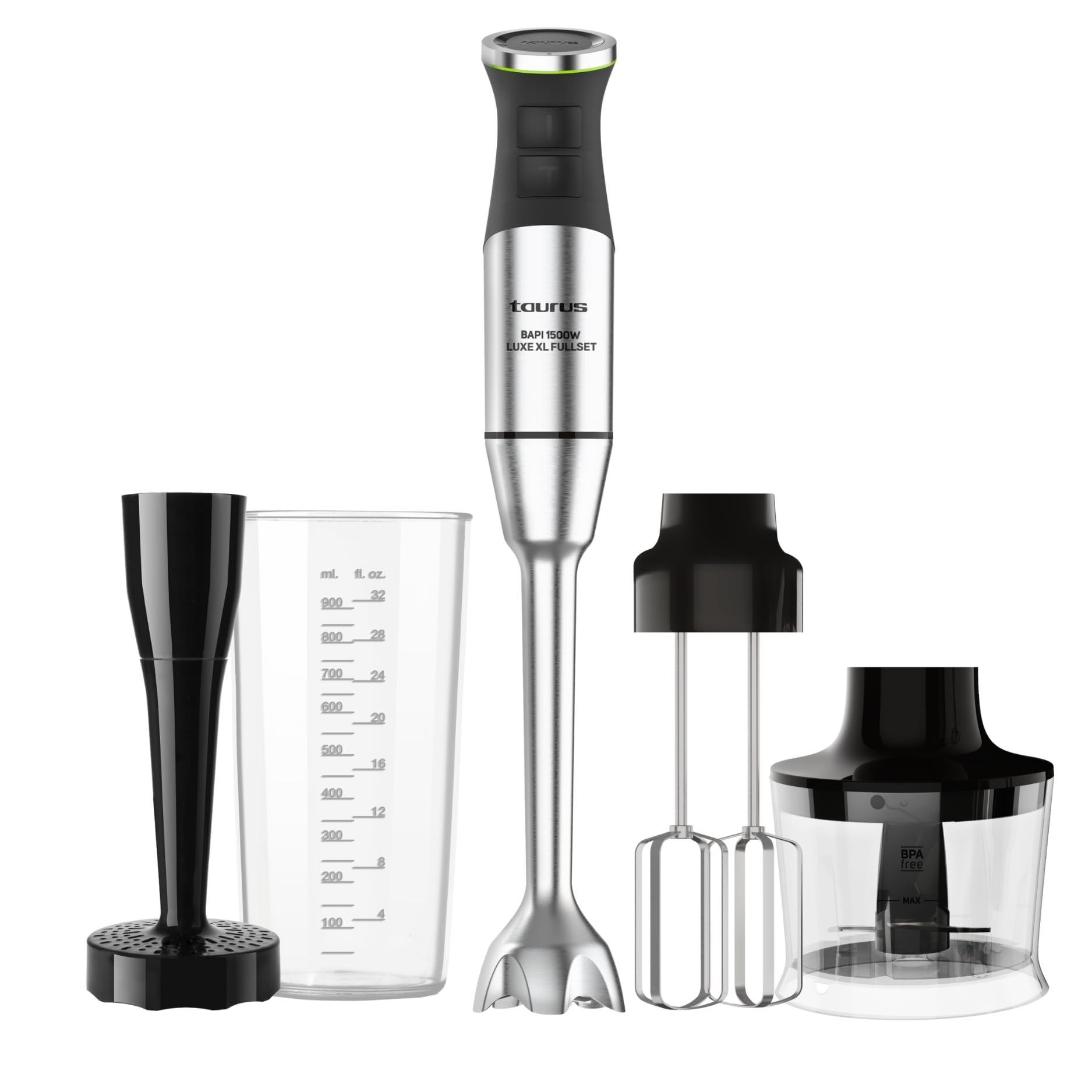 Taurus Bapi 1500 Luxe XL – Batidora de mano profesional de 1500W con varilla XL de acero inoxidable | 20 velocidades + Turbo | Cuchillas doble efecto | Campana antisalpicaduras | Set completo de acces