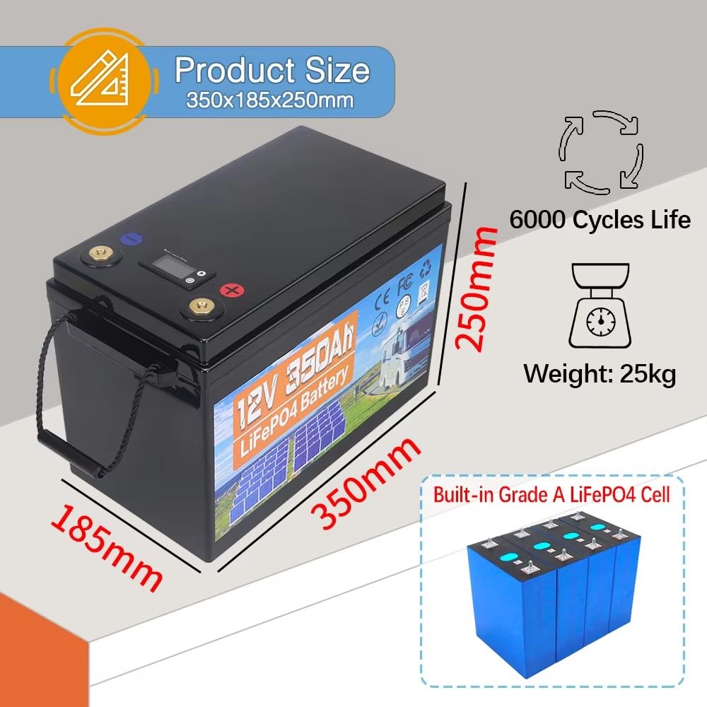 12V 350Ah LiFePO4 Batterie, Eingebauter 100A BMS, 18000 Tiefzyklen, Leichte Lithium-Eisenphosphat-Batterie für Hausenergie, Wohnmobil, Trolling-Motor, Marine, Solar, Off-Grid