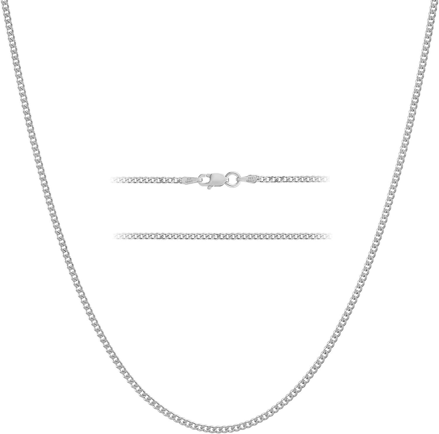 KISPER Italian Solid 925 Sterling Silver Diamond Cut 1.75MM, 2.5mm Curb Cuban Link Chain Necklace - for Men & Women with Lobster Clasp - Made in Italy