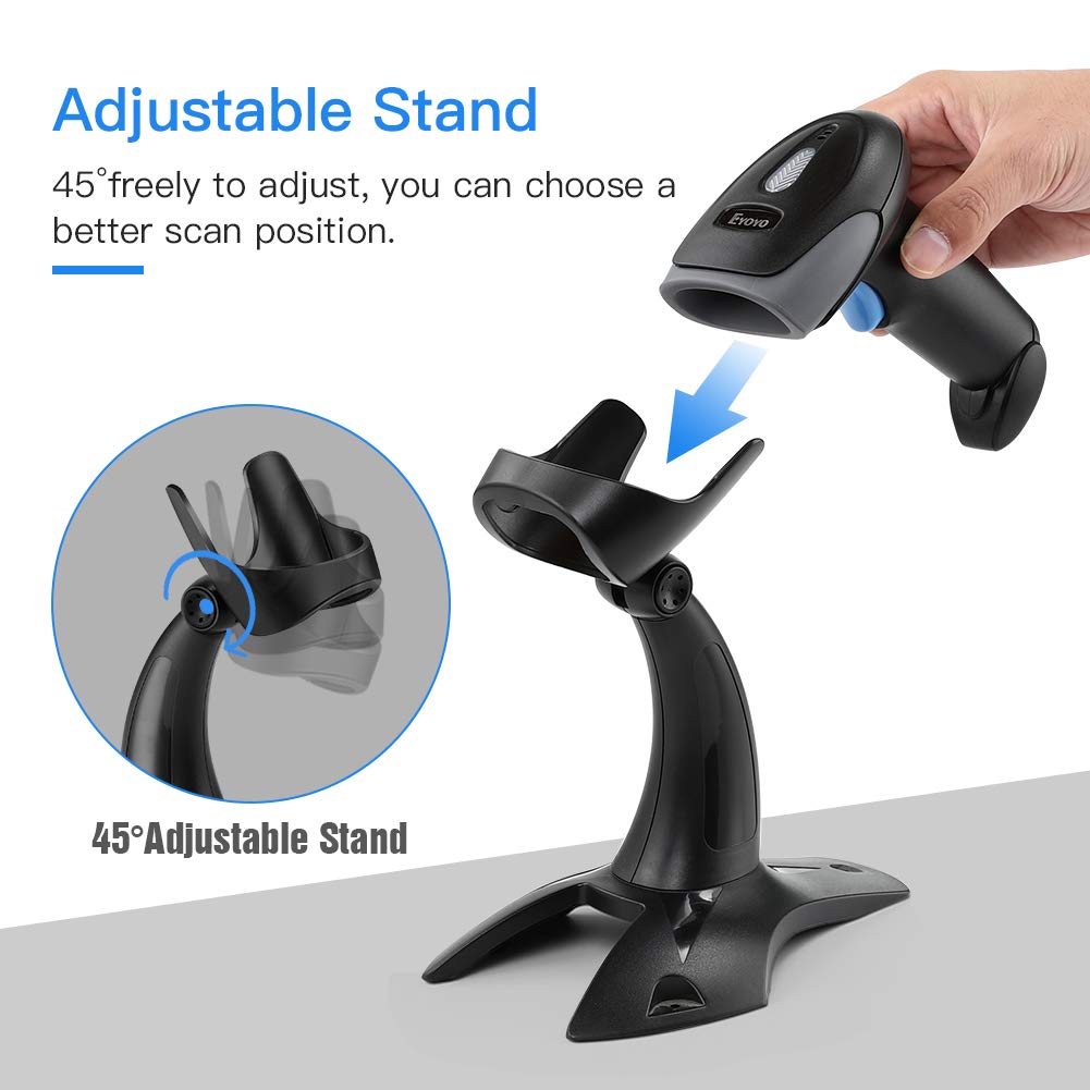 Eyoyo Escáner de códigos de Barras 1D 2D QR con Soporte, escáner de Cable USB portátil para gestión de inventarios, código de Barras portátil/Lector de códigos QR, escáner de detección automática