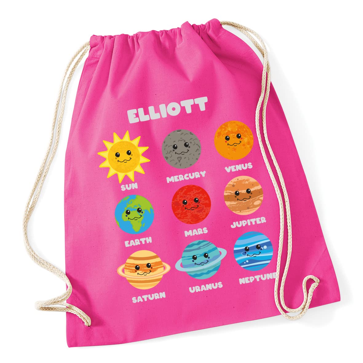 Hippowarehouse Personalised Cute space planets Drawstring Cotton School Gym Bag 37cm x 46cm, 12 litres