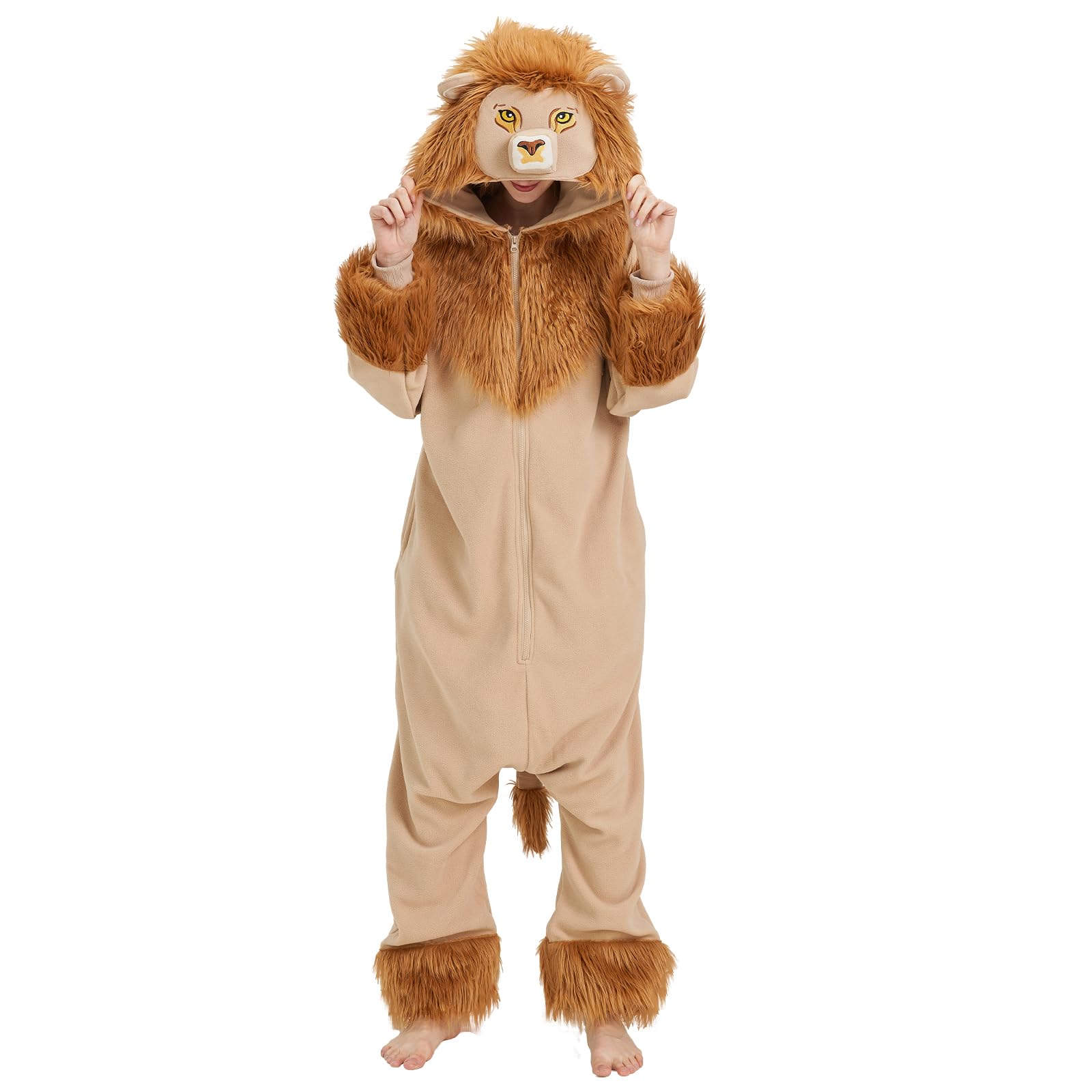 AMAMHAHAVA Lion Onesie Pajamas for Adults Fun Halloween Costume Animal Cosplay Cozy One-Piece Pajamas for Men and Women