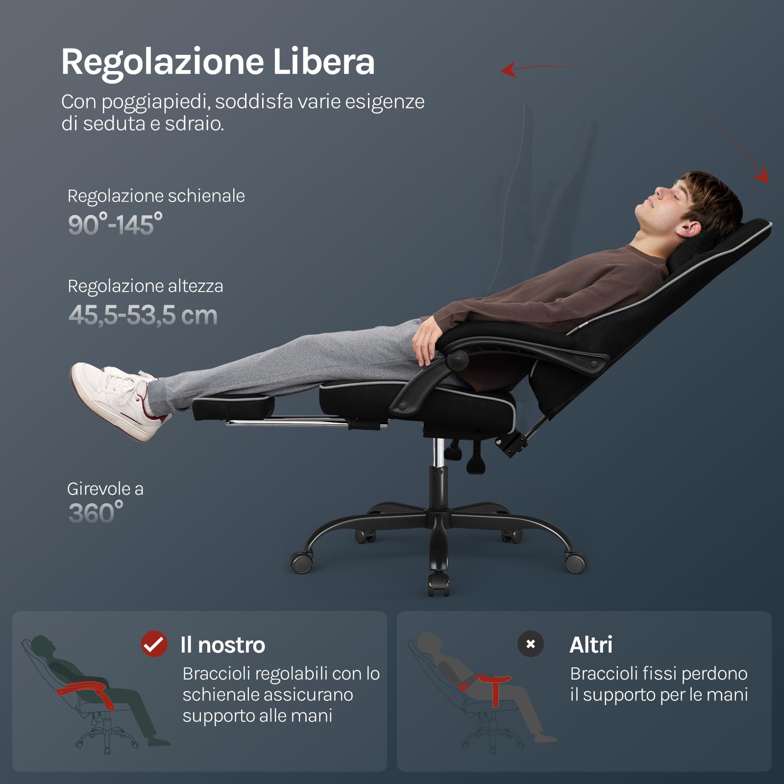 WOLTU Sedia Gaming, Ampia Sedia da Ufficio Ergonomica Imbottita con Cuscino a Molla, Alta Capacità di Carico, Poltrona per Computer con Schienale Alto e Poggiapiedi, Tessuto Tecnologico, Nero, GS10sz
