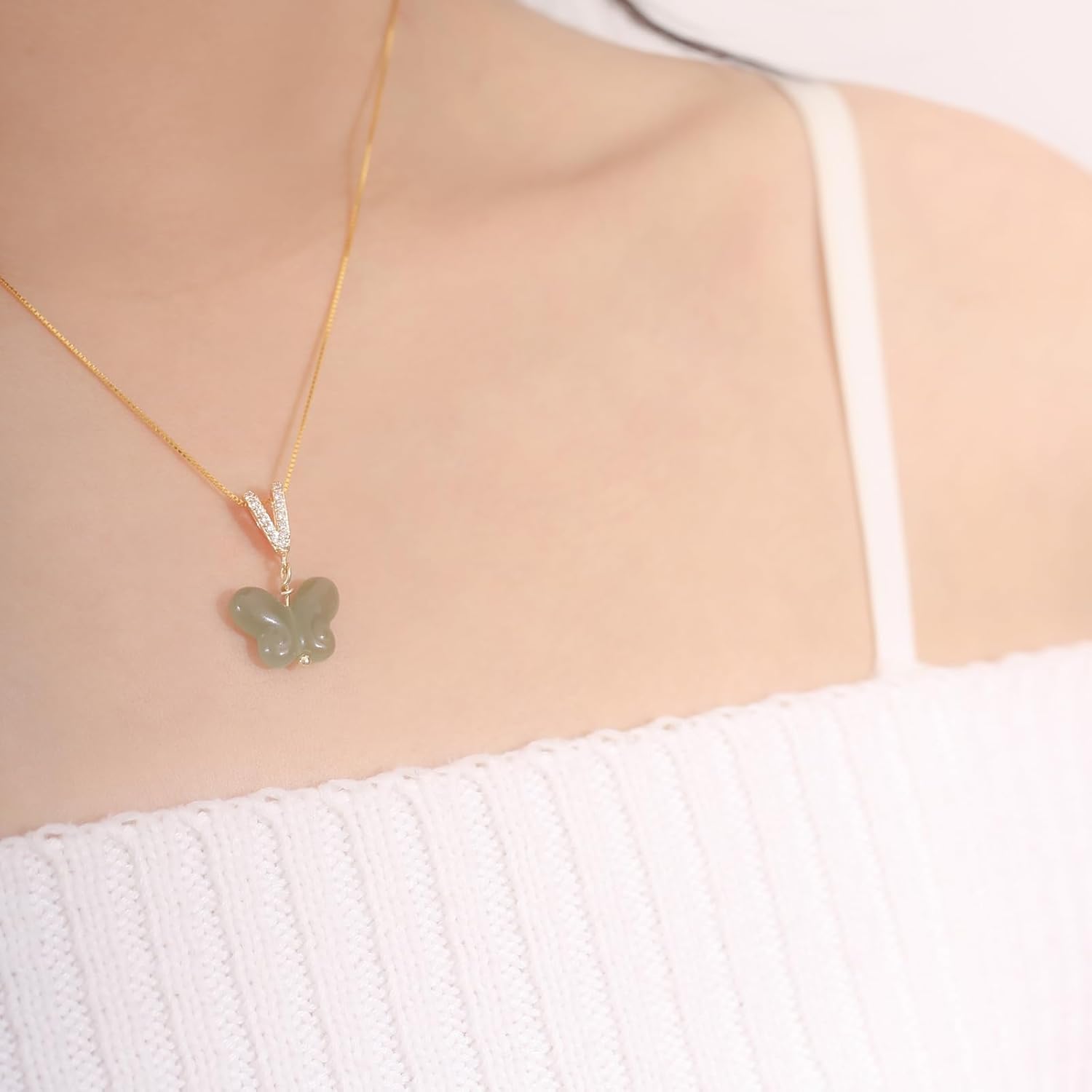 Natural Hetian Jade Necklace for Women, Small Carved Butterfly Pendant Necklace Green Exquisite and Delicate Jewelry Chain for Her Gift (925 Sterling Silver with Real Gold Plated)