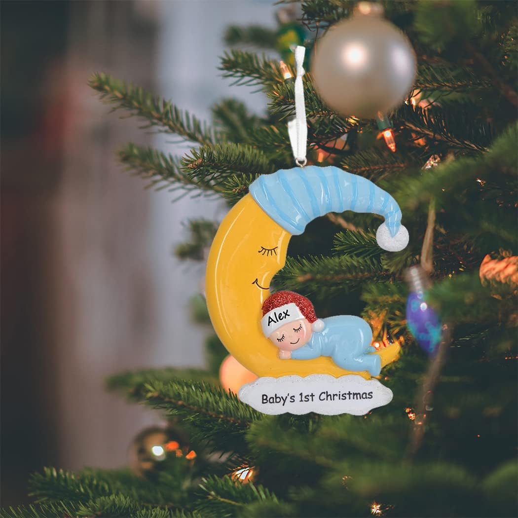 Blue Sleeping Baby On Moon Christmas Ornament 2026 | Personalized Baby's 1st Christmas Keepsake with Santa Hat Year Moon - Newborn Son Grandson Light Skin Tone Gift image 2