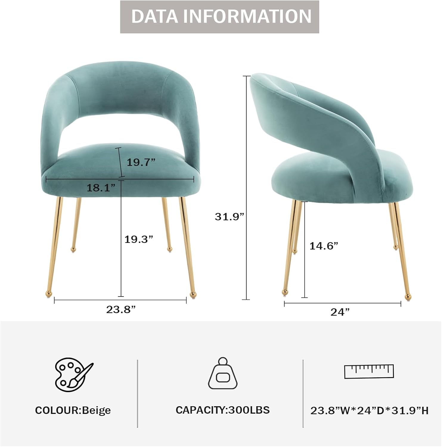 Modern Dining Chairs Set of 2,Velvet Upholstered Living Room Chairs with Gold Legs and Hollow Back,Accent Tufted Armrest for Living Room Recepition Bedroom(Green)