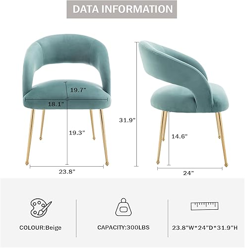 Miniatura 3 de Juego de 2 sillas de comedor modernas, tapizadas de terciopelo con patas doradas y respaldo hueco, reposabrazos copetudos para sala de estar,