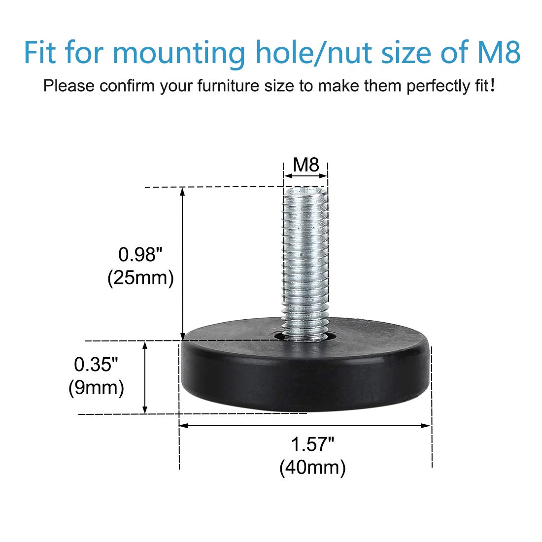 Sourcingmap M8 x 25 x 40mm Leveling Feet Adjustable Leveler Floor Protector for House Furniture Chair Table Cabinet Leg 8 Pack - Image 2