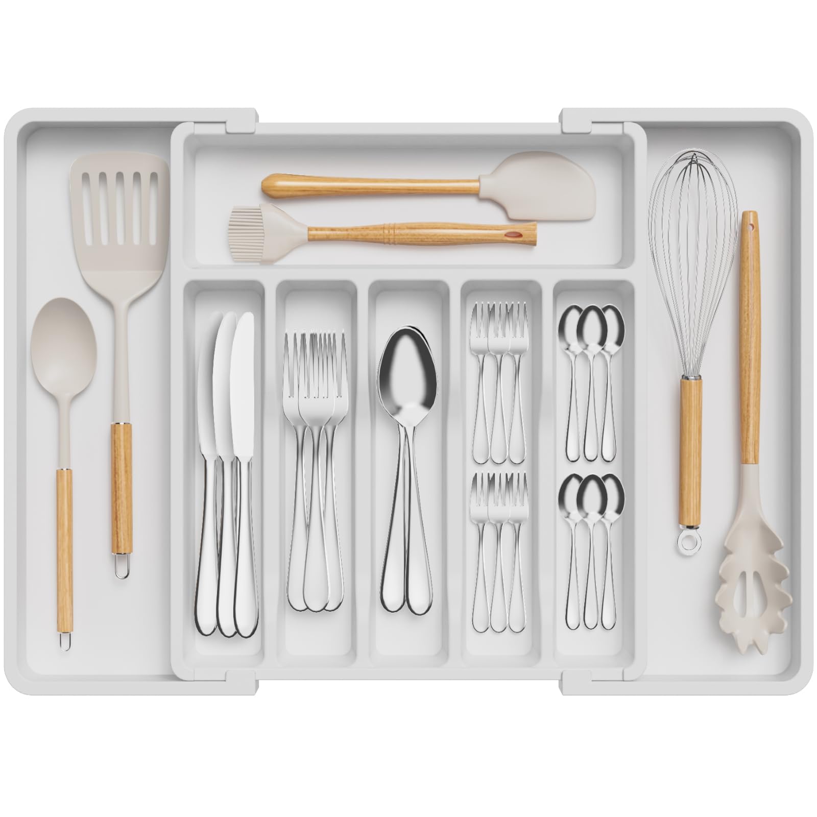 Silverware Drawer Organizer, Expandable Cookware Tray for Kitchen, Adjustable Dish Holder and Cutlery Holder, Compact Plastic Storage for Spoon Forks Knife, Large, White
