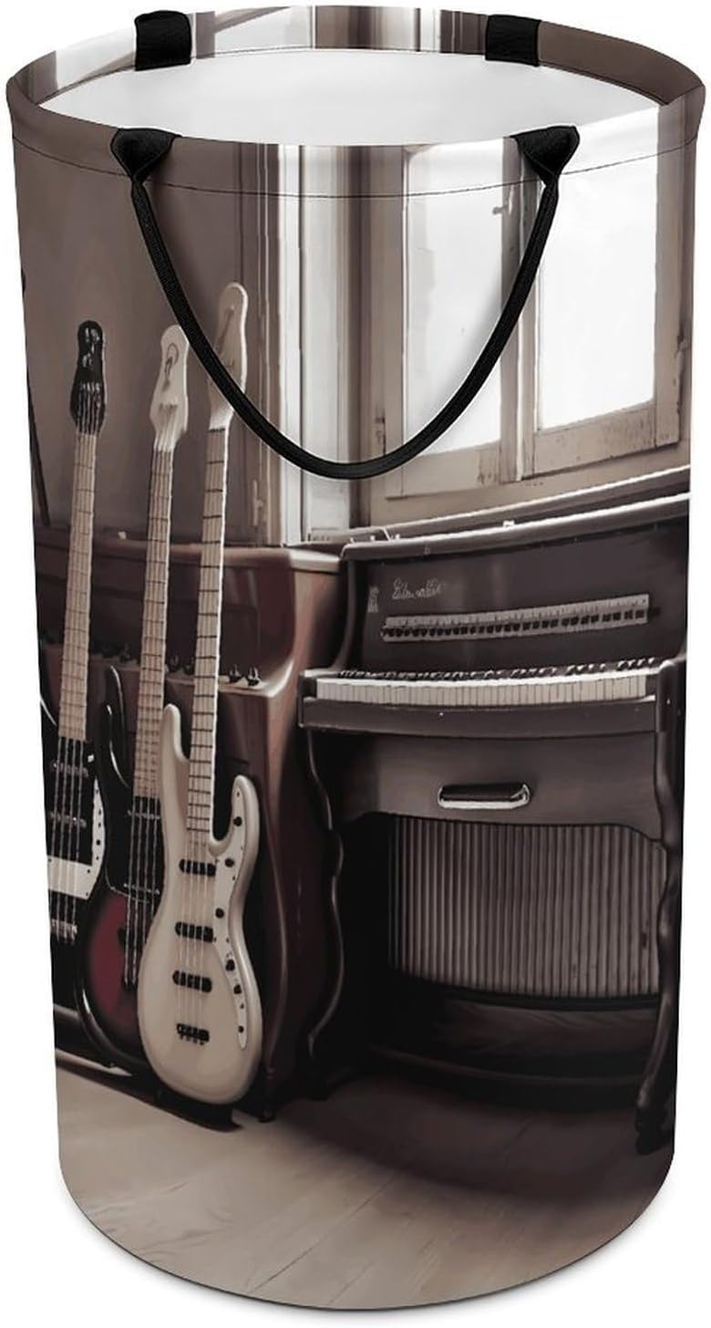 Guitar Bass Music Musical Instruments Laundry Hamper with Handles Waterproof Collapsible Laundry Basket Large Lightweight Round Dirty Clothes Hamper for Home Dorm Bathroom Decor