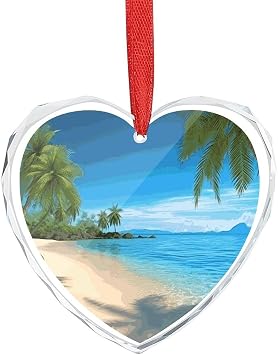 Hawaiian Beach with Palm Trees Christmas Ornaments 2025 Crystal Glass Xmas Tree Ornaments Personalized Heart Shape Hanging Pendant for Christmas Tree Winter New Year Party Supplies